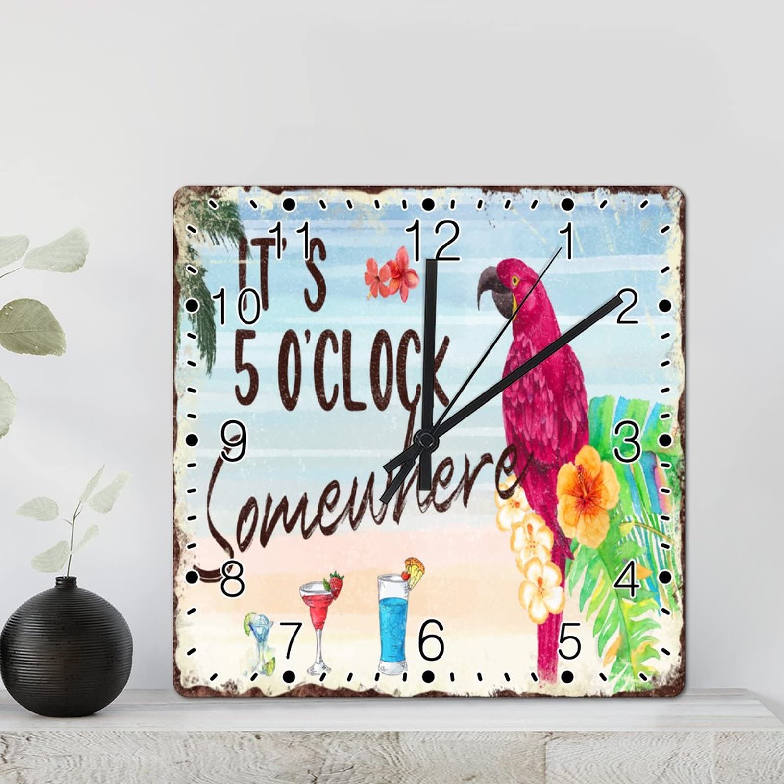 Horloge murale tropicale perroquet carrée 30 cm à piles style rustique coloré