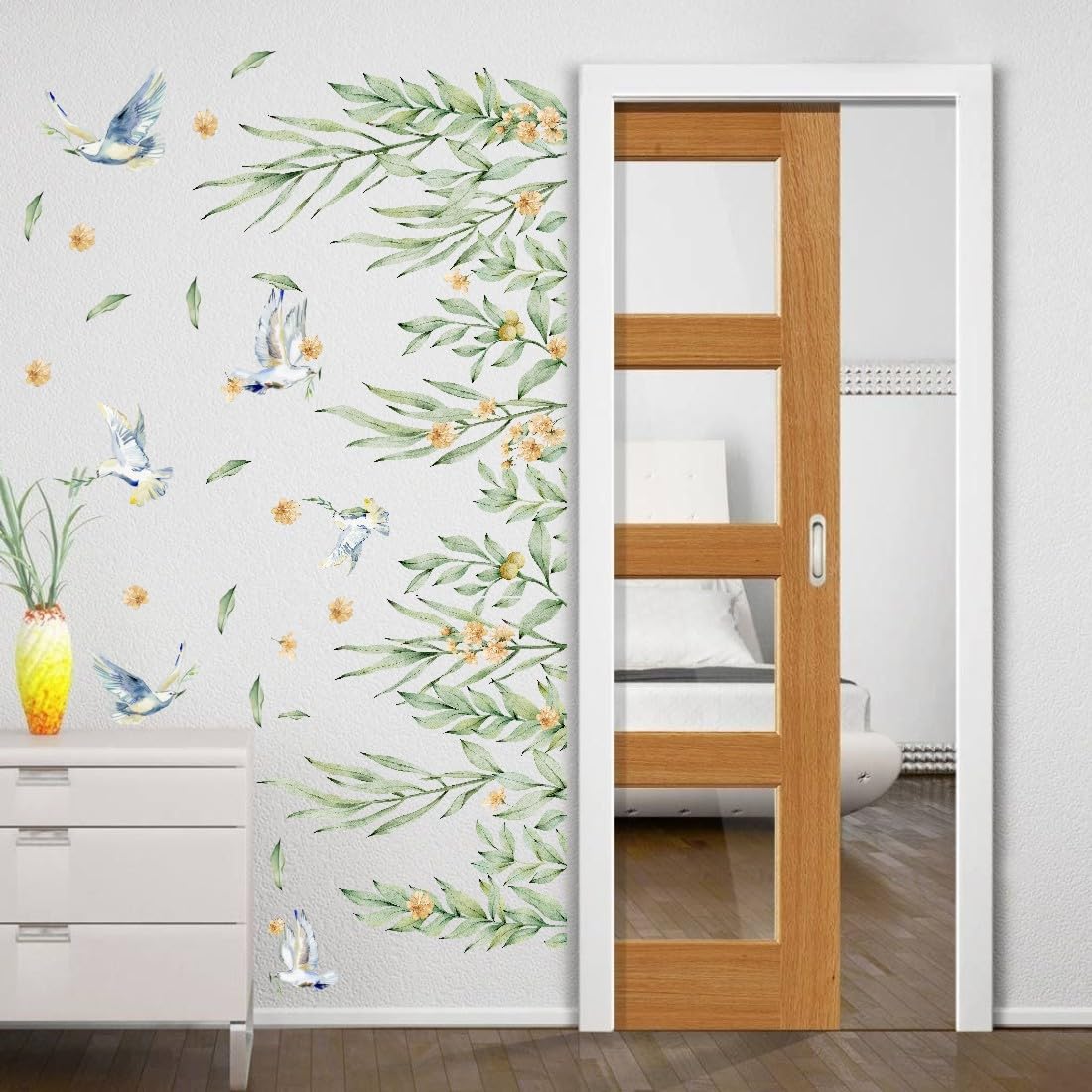 MXAEUK Hanging Green Leaves Wall Decal, Watercolor Botanical Vine with Birds Flower Vinyl Wall Stickers - Image 4