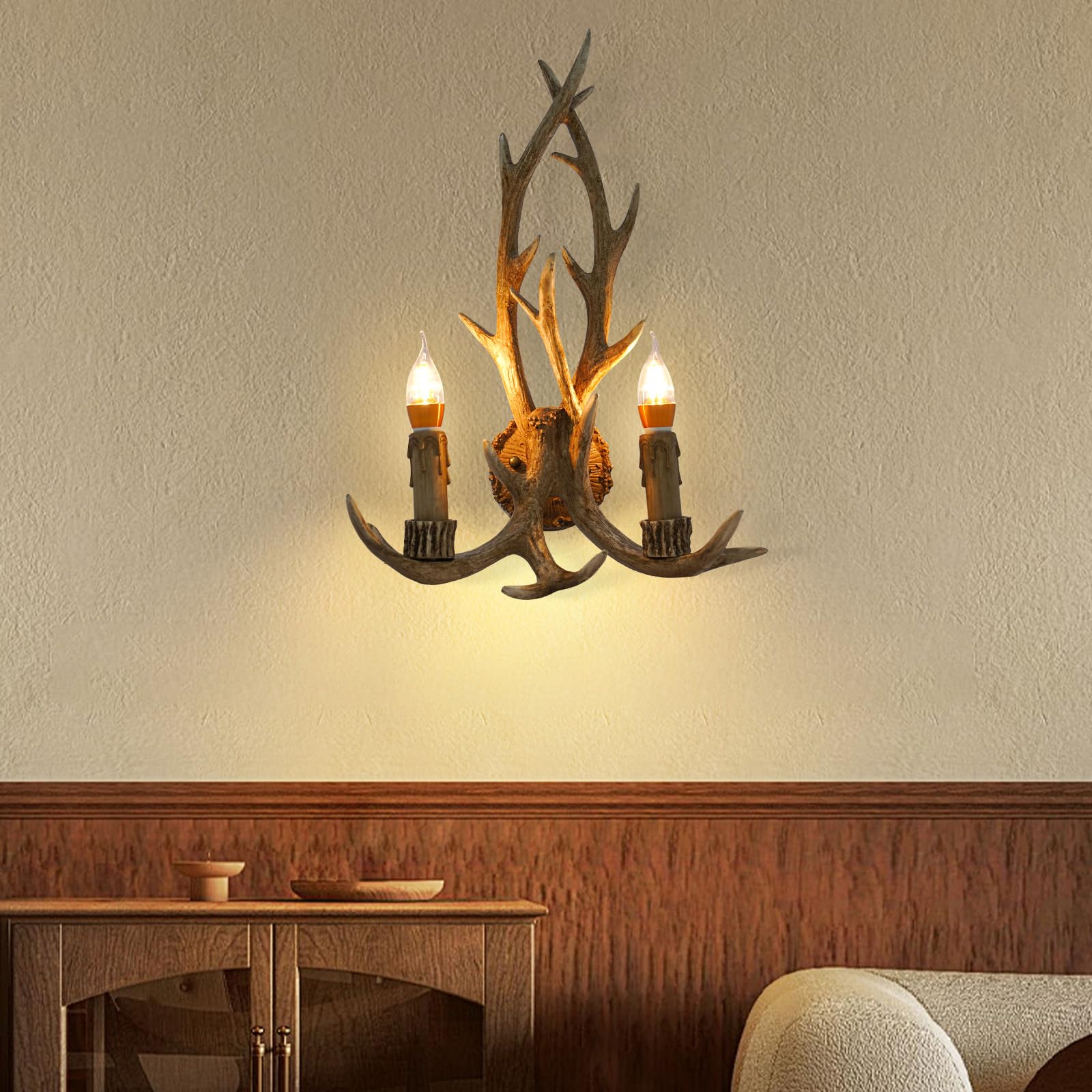 Lampadario da parete, Lampada da parete con corna di cervo, Con corna, Illuminazione in resina rustica, Set di luci LED 5W dimmerabili E14 calde, Illuminazione per corridoio in stile country e