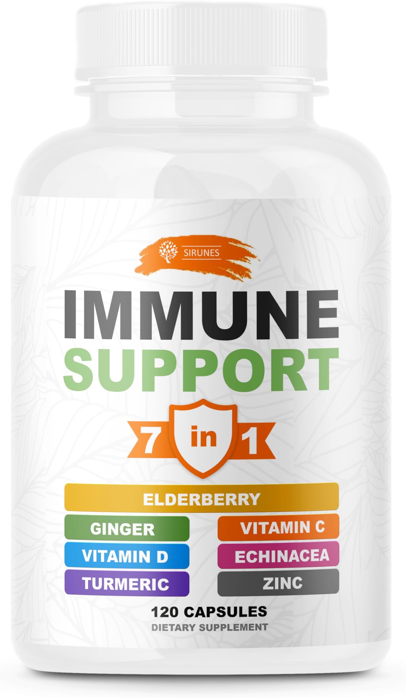 SIRUNES 7 in 1 Immune Support Supplement with Zinc, Vitamin C, Vitamin D, Turmeric, Elderberry, Ginger, Echinacea - Natural Immune Defense Booster - Immunity Vitamins for Adults Women and Men, 120ct