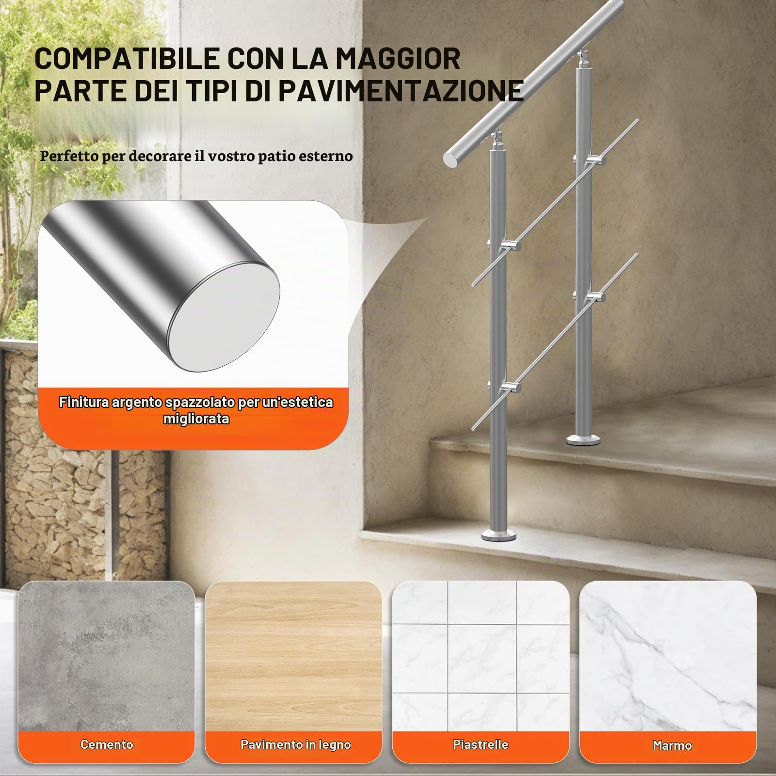 VEVOR Corrimano per Gradini Esterni, Kit Corrimano per Scale 2 Traverse 80 cm Lunghezza, Ringhiere Transizione Acciaio Inox Kit Installazione, Corrimano Scale Doppia Colonna per Veranda e Terrazza