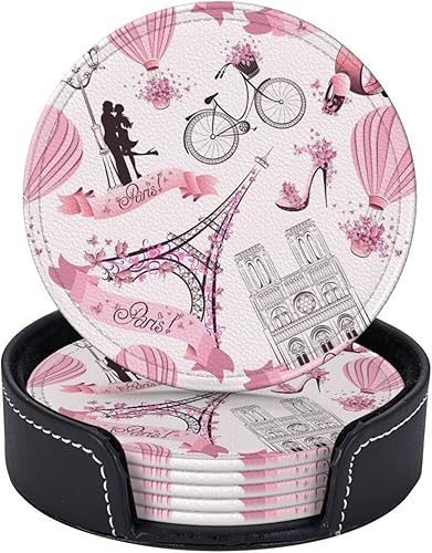 Famame Posavasos románticos de cuero de la torre Eiffel de París para bebidas con soporte, juego de 6 posavasos de mesa para beber, sala de estar,