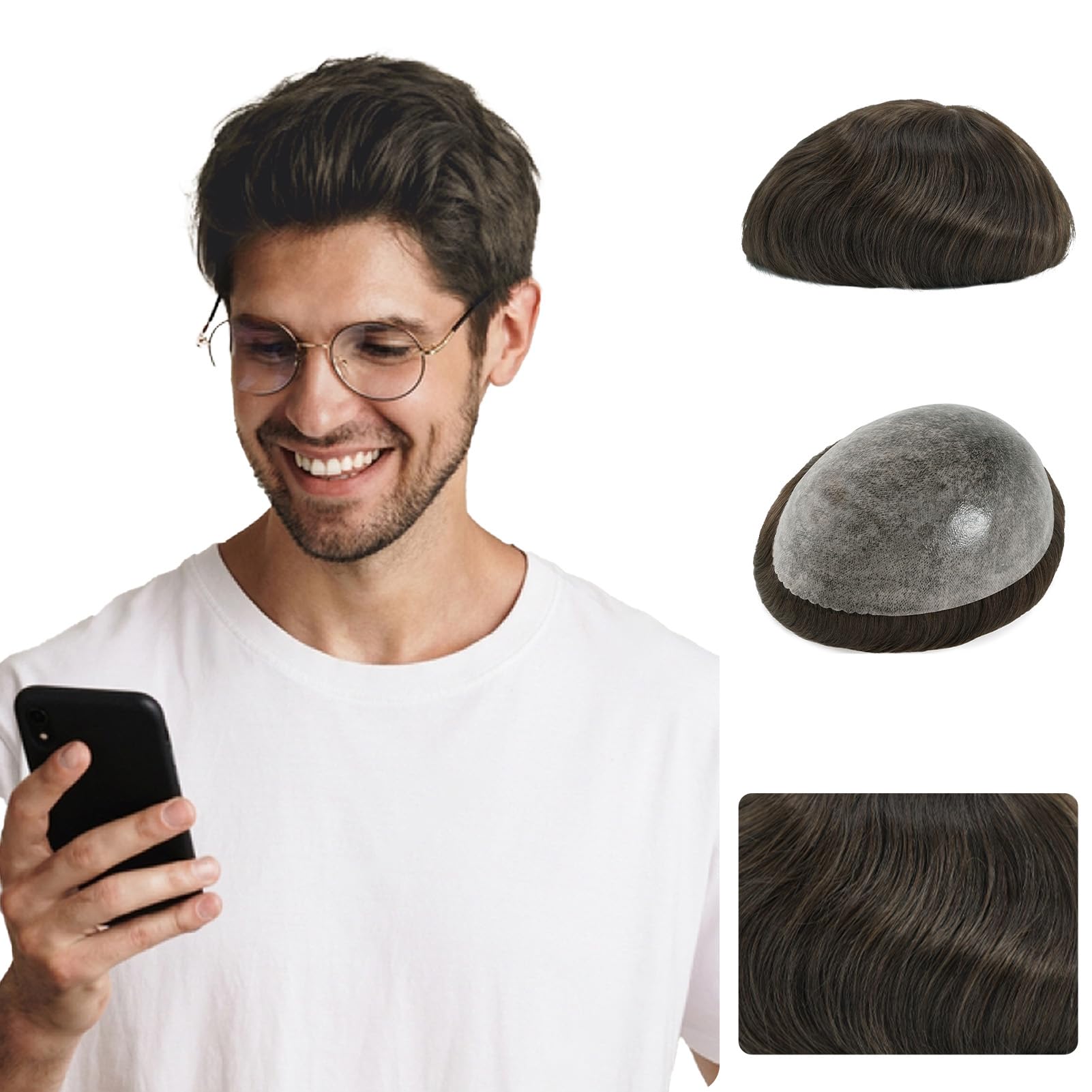 Zakya Hair System for Men Thin Skin Men's Toupee 100% Human Hair Men's Hairpieces 8x10 Inches Base Size Hair Replacement System for Men (Medium Dark Brown 4#)
