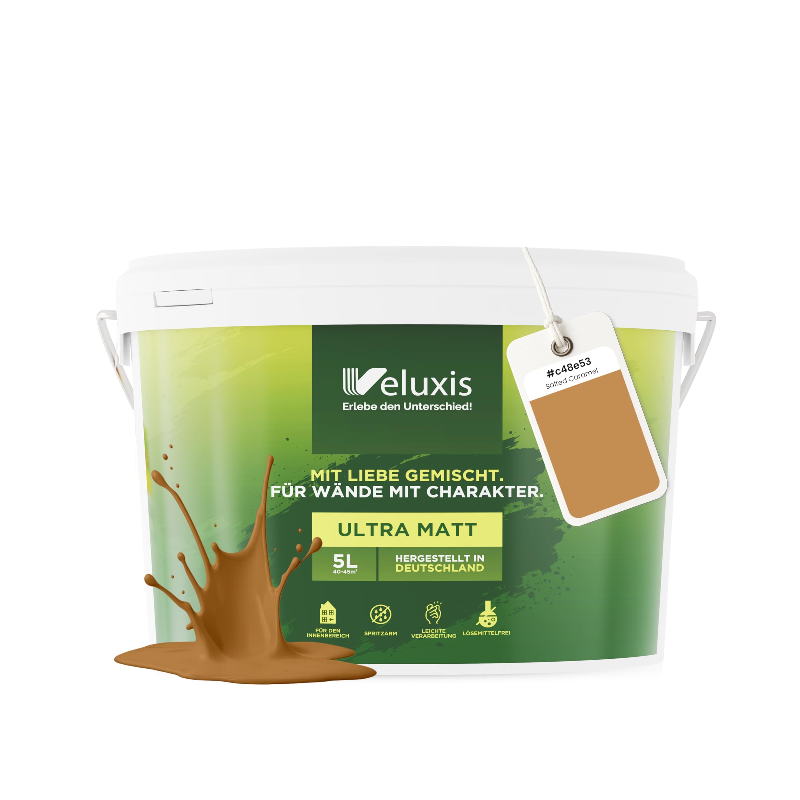 Peinture murale orange pour intérieur - 5 litres et classe d'opacité 1, sans traces, anti-gouttes et écologique, sans COV - (Salted Caramel)
