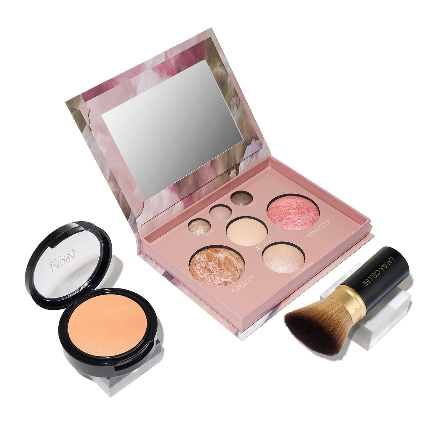 LAURA GELLER NEW YORK Baked Starter Kit - Full Coverage: Double Take Powder Foundation + Best of the Best Face Palette + Retractable Angled Kabuki Brush (04 Medium)