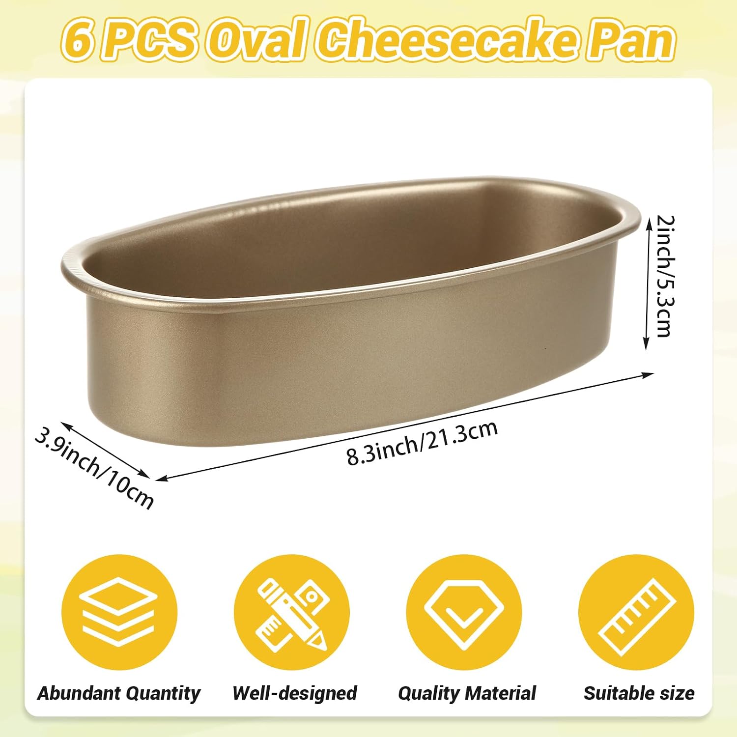 6 PCS Gold Oval Cheesecake Pan 9 Inch Carbon Steel Bread Loaf Bakeware Oval Cake Pan 9 x 4 Loaf Pans for Baking Bread Non-Stick Carbon Steel Baking Molds for Cheesecake Tiramisu, Fruitcake
