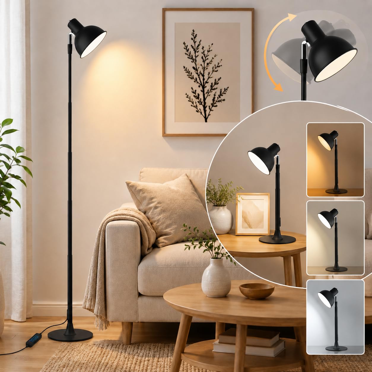 Rosnek LED Stehlampe Höhenverstellbar, Leselampe Dimmbar mit 3 Lichtfarben, 150° Schwenkbar Lampenkopf, 2-in-1 Stehleuchte & Tischleuchte für Wohnzimmer, Homeoffice, Esszimmer, Metall Schwarz