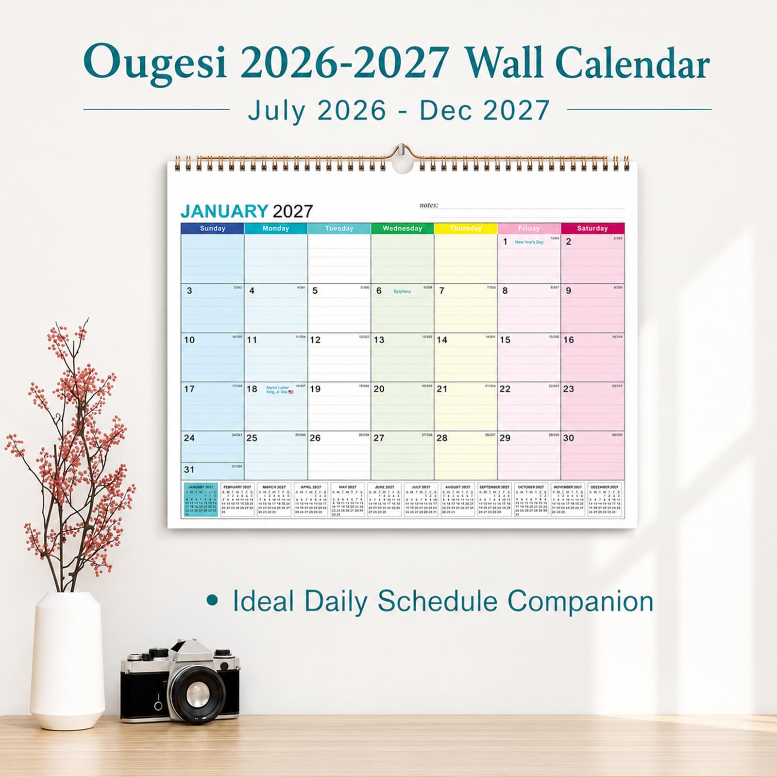 Wandkalender 2026-2027, 18 Monate akademischer Kalender für die Wand, Jun. 2026 - Dez. 2027, 37,8 x 29,8 cm, monatlicher Wandkalender mit dickem Papier für Büro, Zuhause