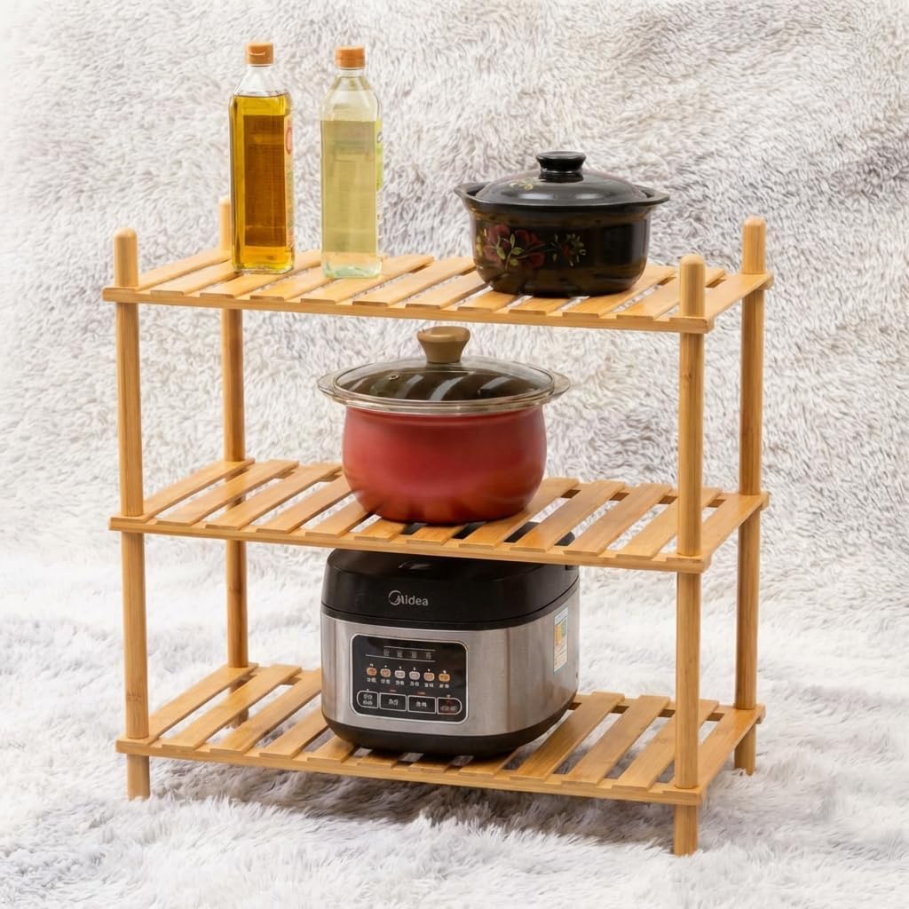 GOGOGO 3-Tier Bamboo Freestanding Shelf | Tool-Free,150lb,Multifunctional Small Bookcase Wood Shelf for Bathroom, Kitchen, Office (Natural, 9.0“H（3 Tier Heightened)