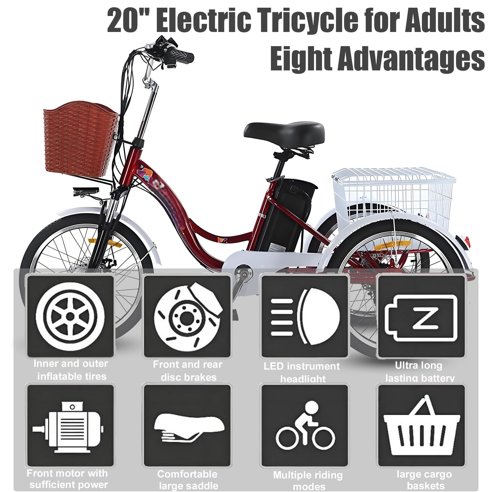 Triciclo elettrico per adulti, motore da 350 W, batteria rimovibile da 48 V, pneumatici da 20 pollici, telaio a scavalco basso, ampio cestino posteriore.