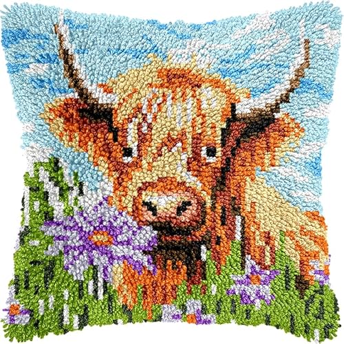 WallustrioaW Kit Completo de Funda de Cojín con Gancho de Cierre,Animales de las tierras altas,Kit de Funda de Almohada,Cojines de Ganchillo para Niños,Adultos y Principiantes,43x43cm