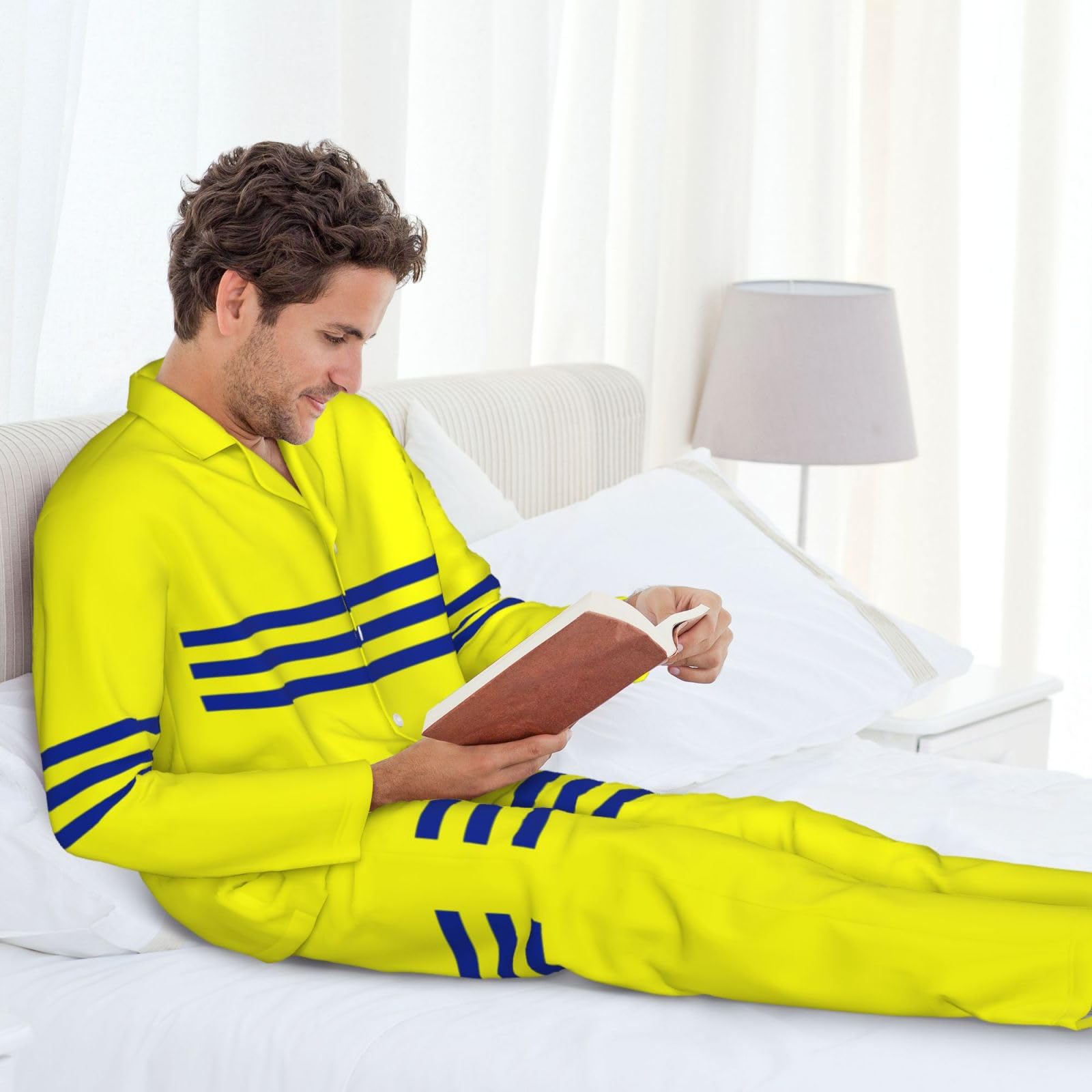 Pigiama a maniche lunghe da uomo con stampa a righe gialle e blu Set da notte per la casa Fughe di fine settimana Indumenti da notte in due pezzi