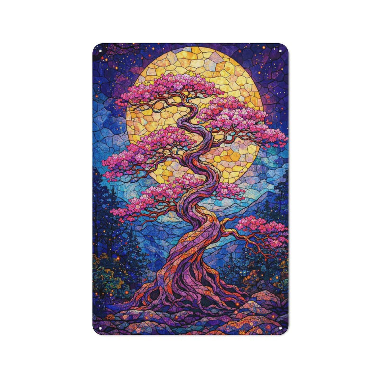 Stained Glass Cherry Blossom Tree Understated Metal Wall Decor 30x20cm, Office Metal Sign for Office, Study, Studio Or Hallway