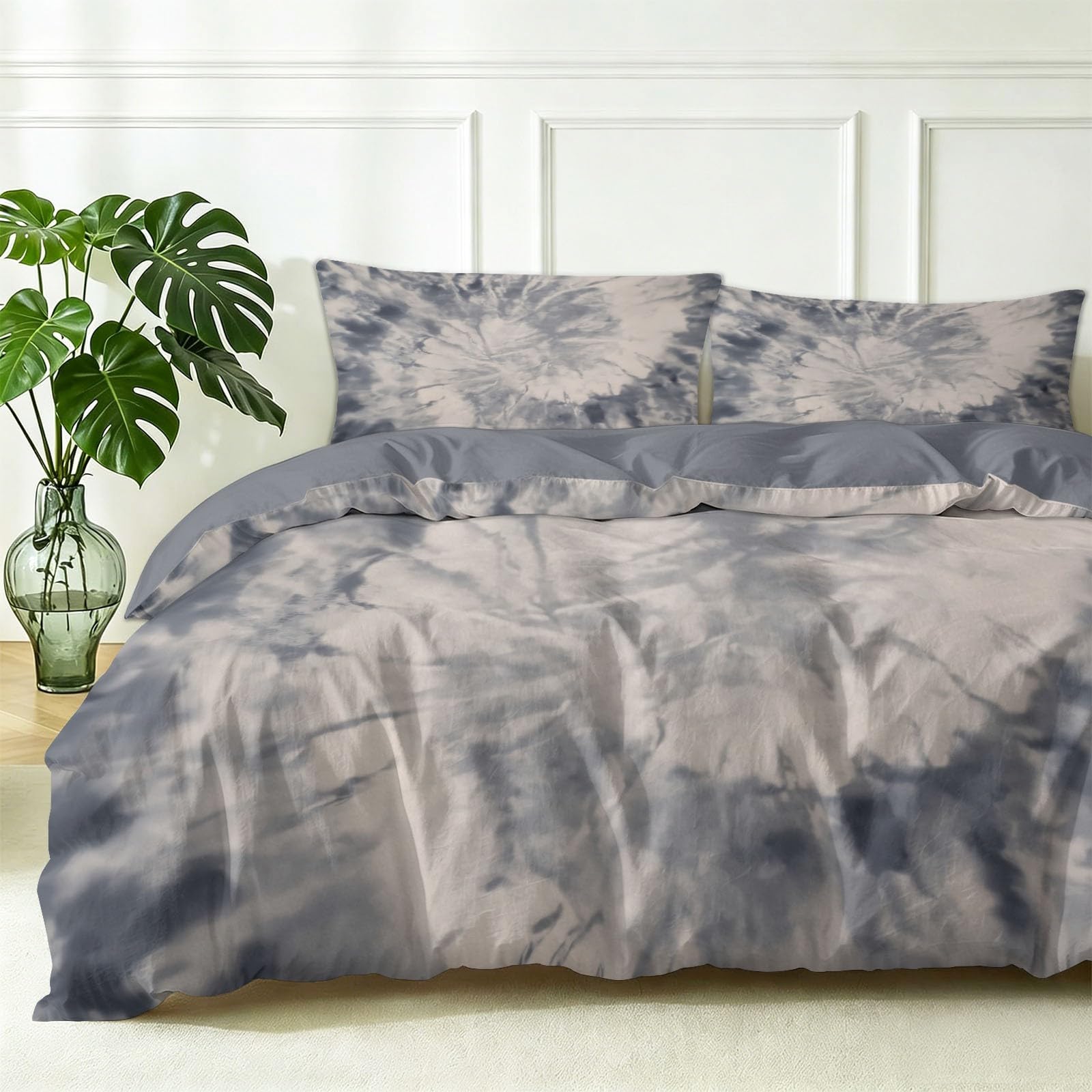 Modna pościel w stylu boho, 155 x 220 cm, pościel dwustronna, szara, modna, batikowa tekstura, z nadrukiem, zestawy pościeli z mikrofibry, z zamkiem błyskawicznym i 1 poszewką na poduszkę 80 x 82 cm