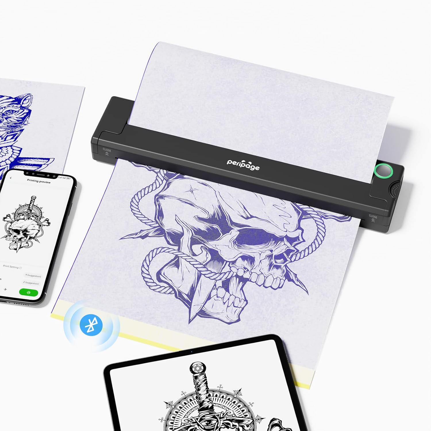 PeriPage P90 printer producing a tattoo stencil