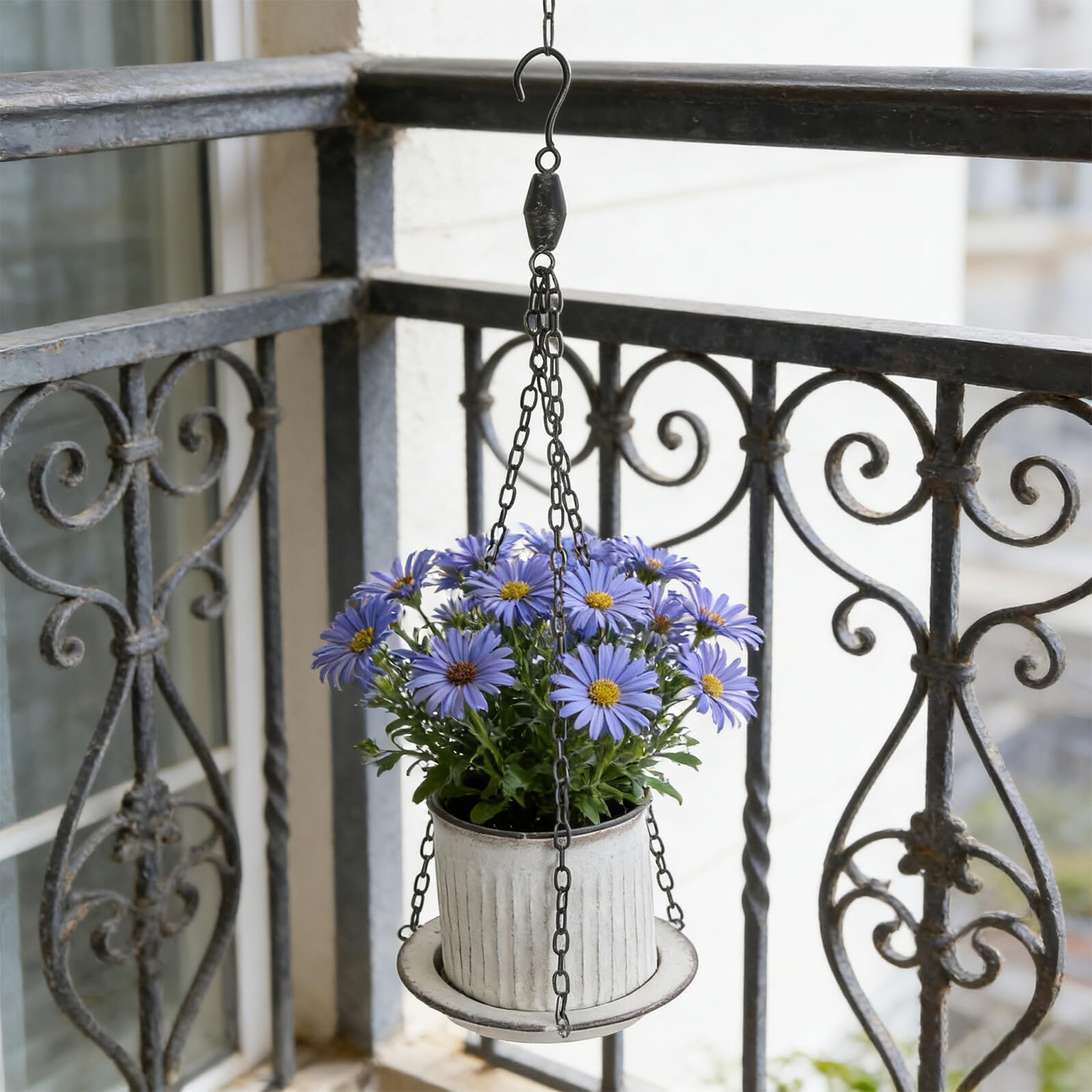 GALPADA Vasi da Appendere in Ferro con Finitura Vintage, Design Rotondo a Secchio con Vassoio Rimovibile, per Giardino Sospeso e Salvaspazio Verticale