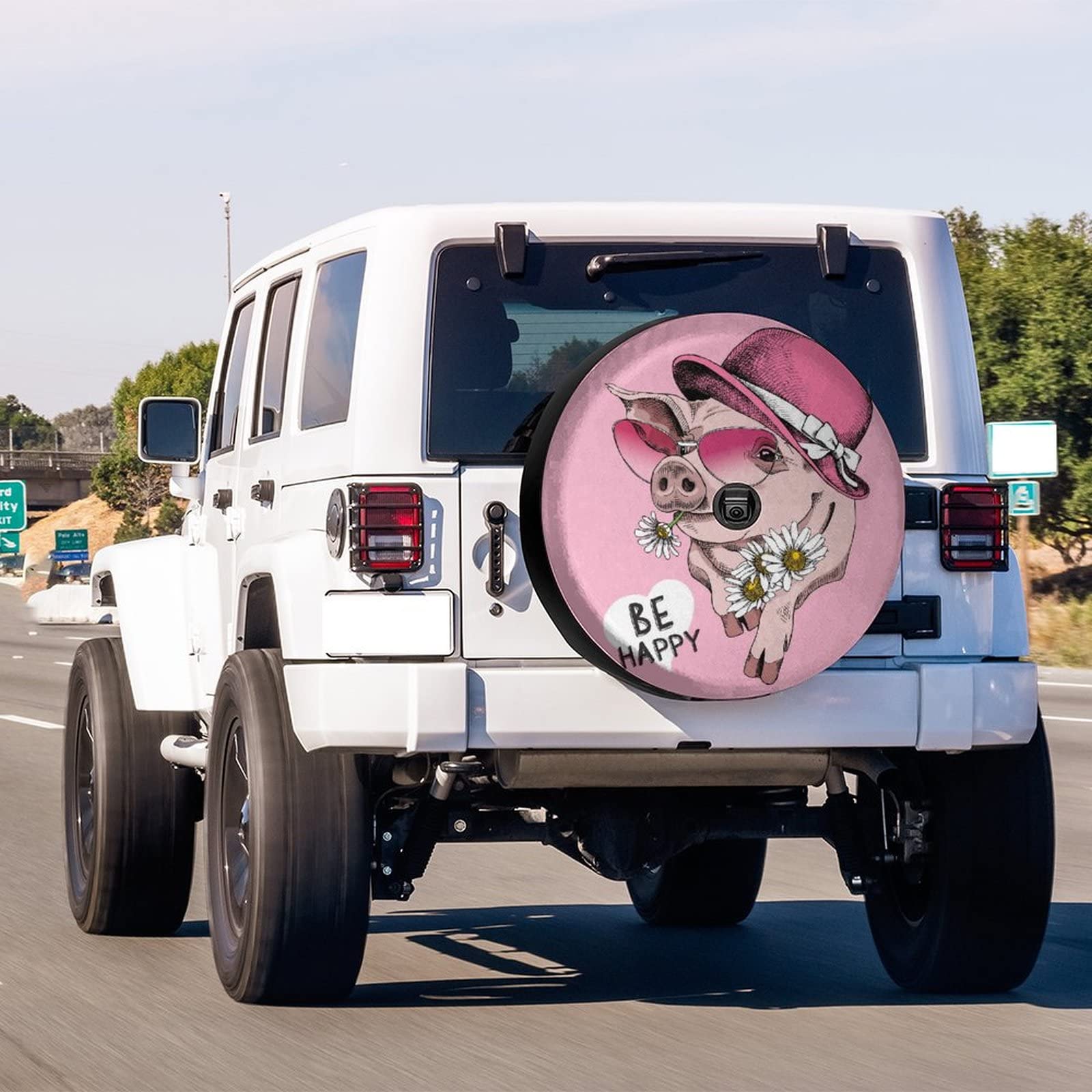 Delerain Spare Tire Cover with Backup Camera Hole Pig Pink Sunglasses Wheel Covers Waterproof Dust-Proof UV Sun Universal Fit for Jeep Trailer RV SUV Truck (18 Inch for Diameter 32