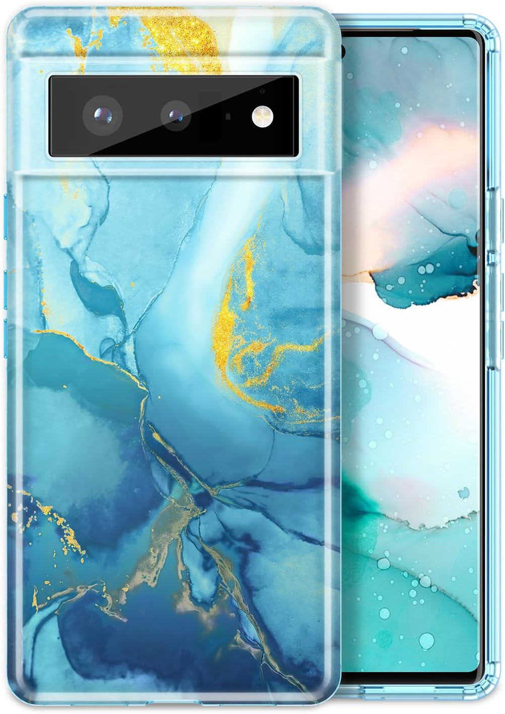 Btscase for Google Pixel 6 Case, Gold Glitter Bling Marble Pattern Hard PC Slim Fit Shockproof Full Body Rugged Drop Protective Women Girls Cover Cute Case for Google Pixel 6 (2021), Blue