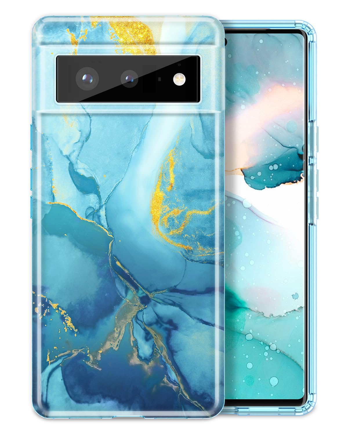 Btscase for Google Pixel 6 Case, Gold Glitter Bling Marble Pattern Hard PC Slim Fit Shockproof Full Body Rugged Drop Protective Women Girls Cover Cute Case for Google Pixel 6 (2021), Blue