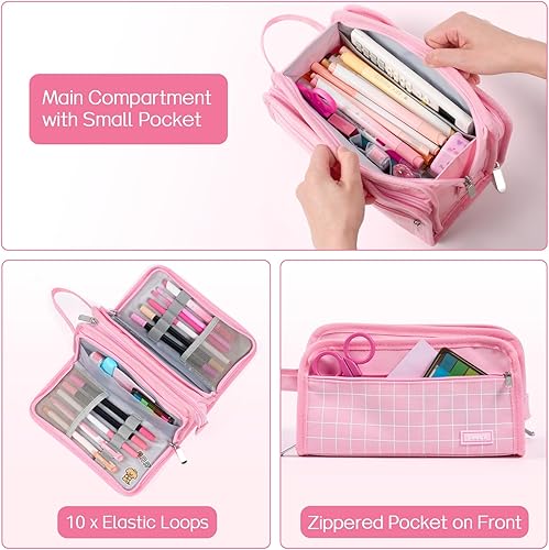 Miniatura 3 de Sooez Estuche grande para lápices, bolsa para lápices de gran capacidad con 3 compartimentos, organizador portátil de artículos de papelería de lona