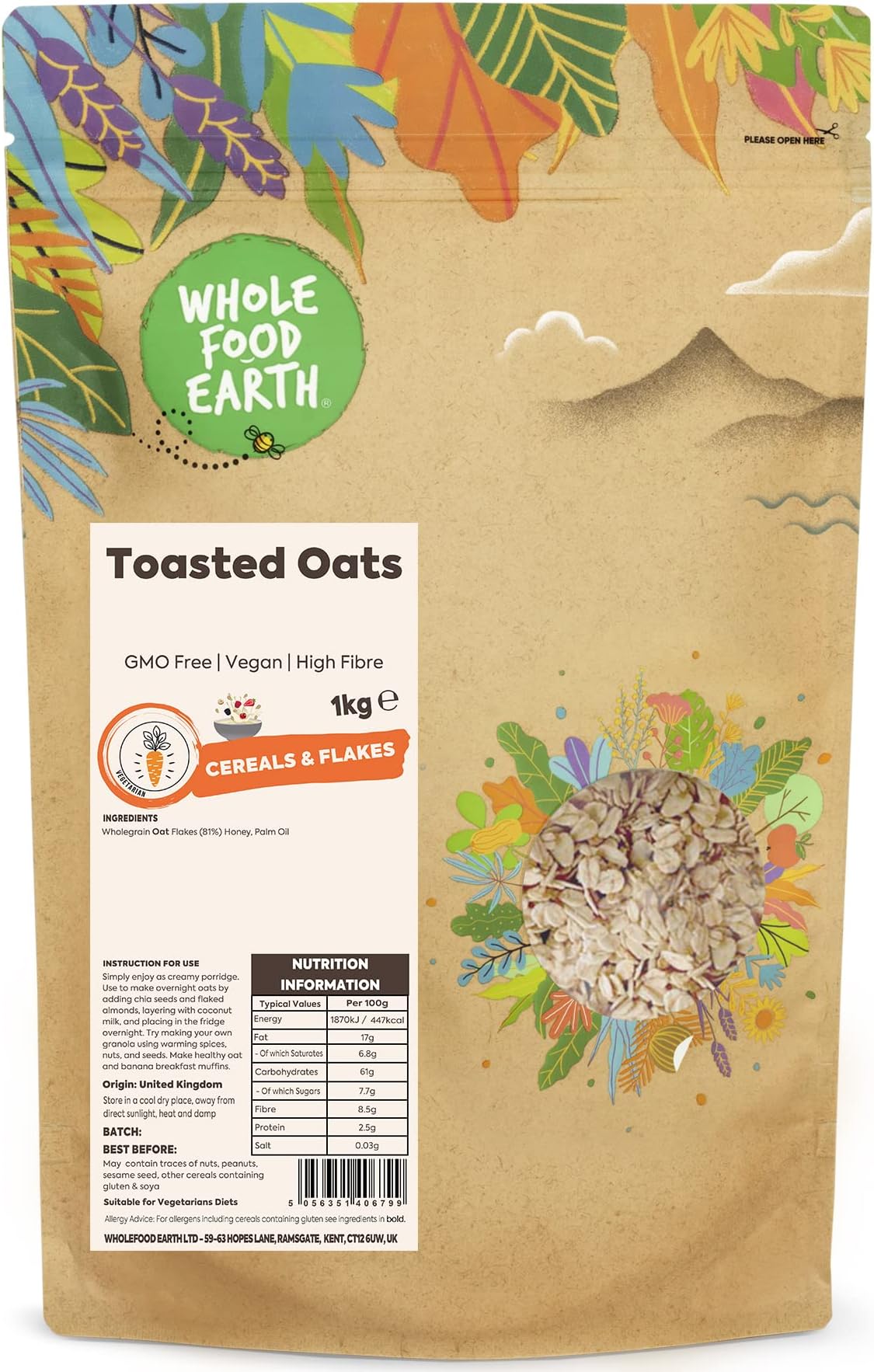 – Toasted Oats 1kg | Toasted Wholegrain Rolled Oats | GMO Free | Vegan | High Fibre | For Porridge, Granola & Overnight Oats