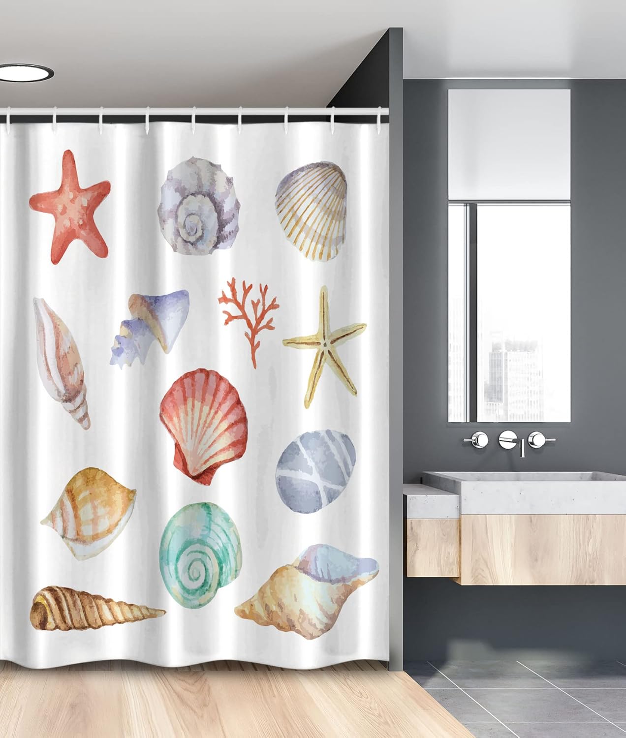 Ambesonne Nautical Stall Shower Curtain, Illustration of Different Seashells Scallop Mollusk Summer Exotic Creatures Animals, Fabric Bathroom Decor Set with Hooks, 54" W x 78" L, Multi