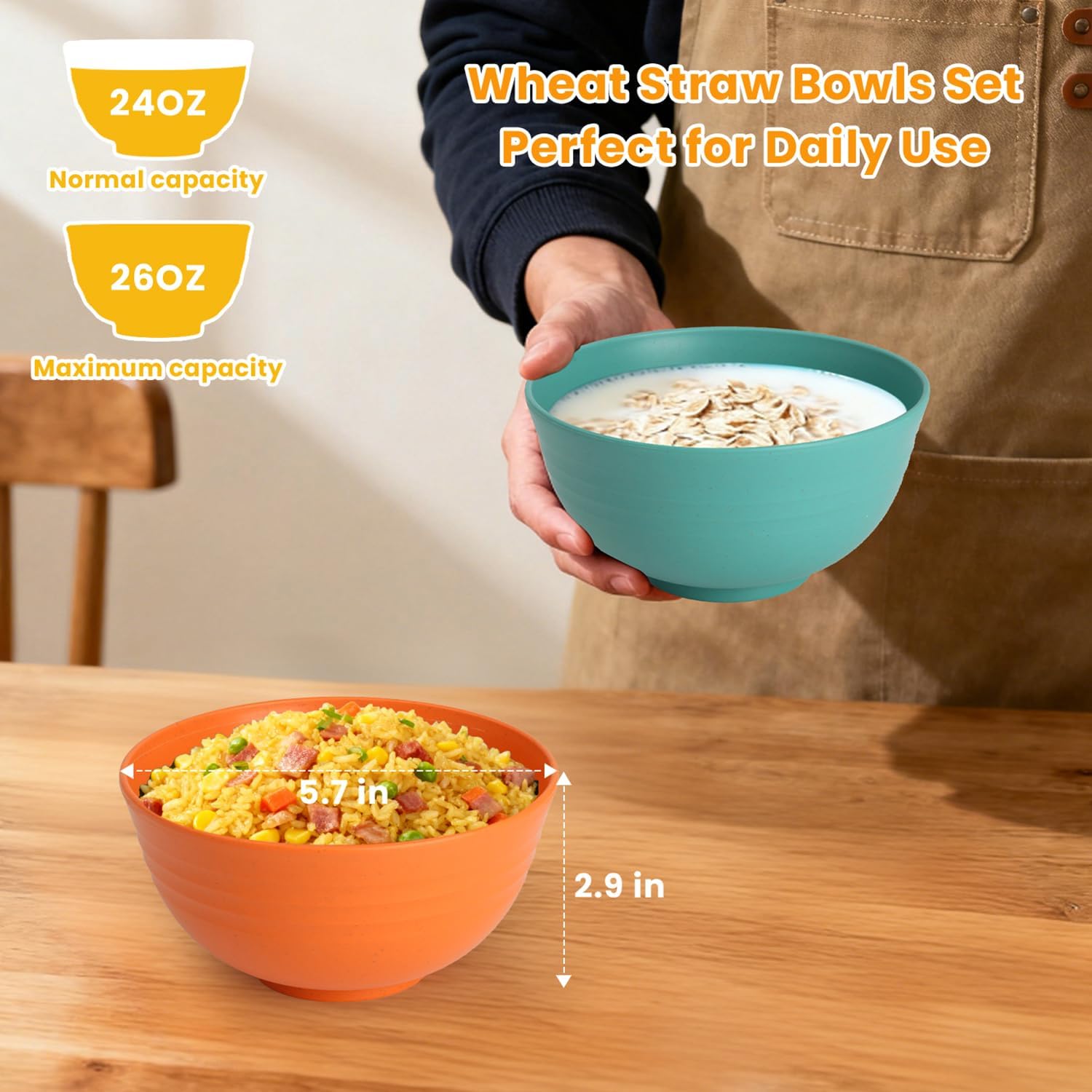 Homienly Wheat Starw Cereal Bowls, Unbreakable Bowl Set 6 PCS, Microwave and Dishwasher Safe Bowls, Alternative to Plastic Bowl Reusable, Bowl Set for Kitchen, Picnic, Camping, Party (26 OZ, Colorful) image 2