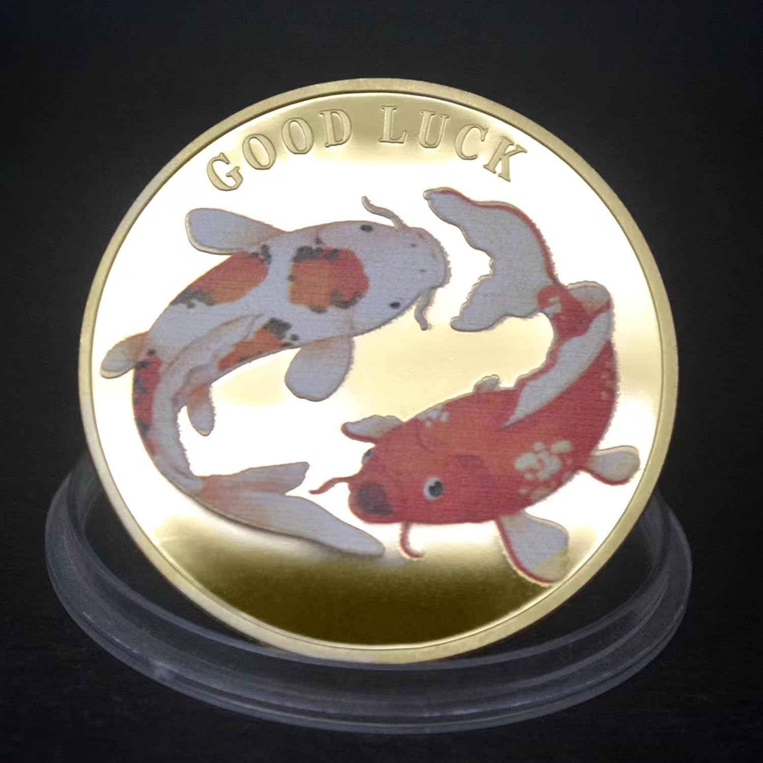 Two-Sided Lucky Coin Featuring One Side with A Pair of Koi Fish and One Side with Lucky Symbols - May Peace, Happiness and Good Fortune Be with You Always - Lottery Ticket Scratcher Tool