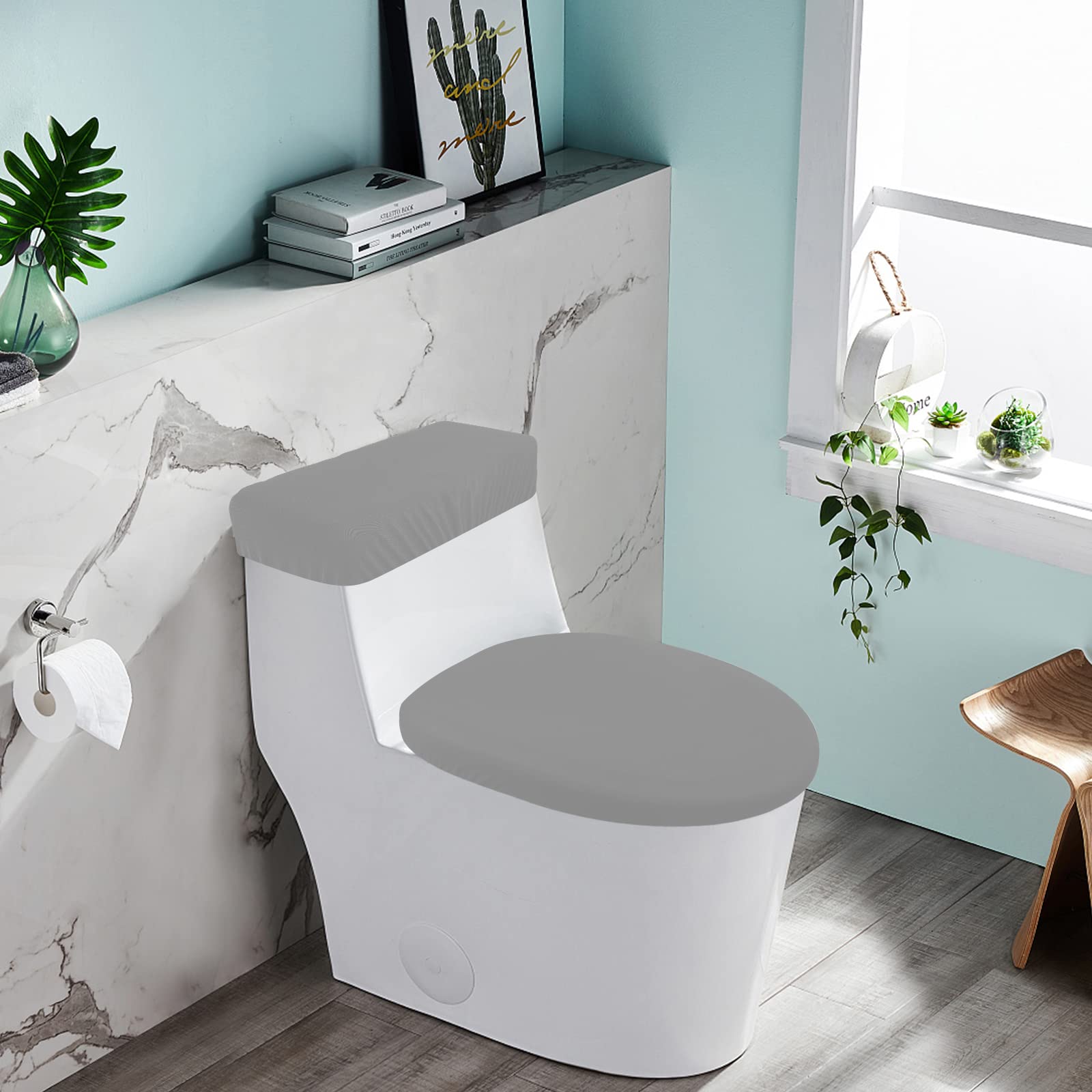 Copriwater e copriwater per WC, set di coprisedili per WC, in tessuto spandex elasticizzato, lavabile, adatto alla maggior parte dei serbatoi e dei coperchi per WC, grigio