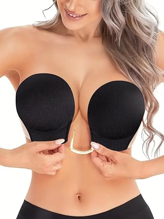 U-Shaped Invisible Bra,Women Sticky Push Up Backless Strapless Deep Plunge Invisible Padded Self Adhesive Bras