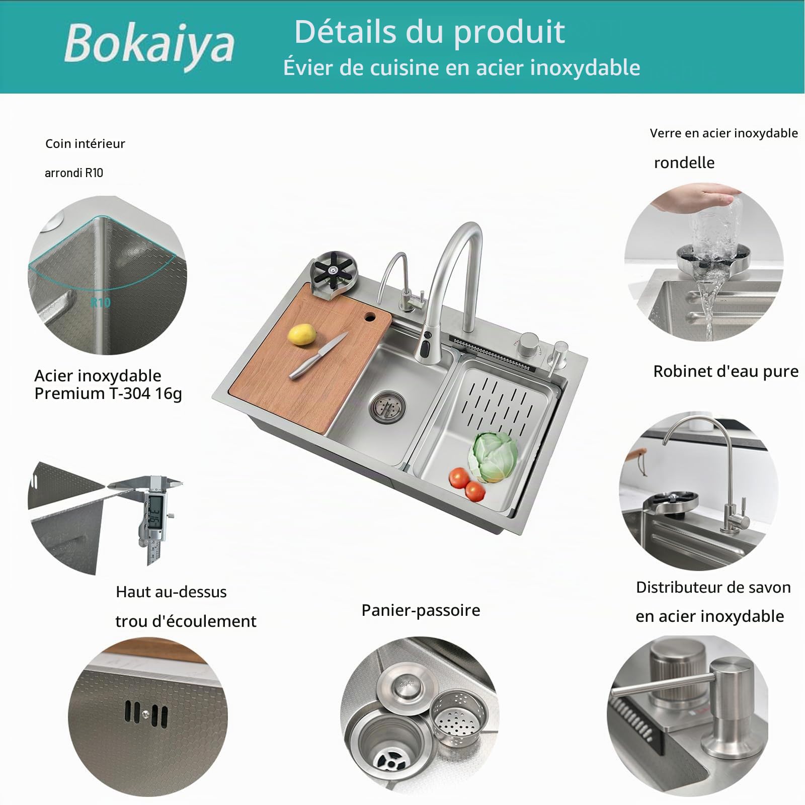 Évier de Cuisine, Cascade Multifonction, Evier de Cuisine à Comptoir Raindance Professionnel Lavabo Acier Inoxydable avec Lave Verre & Robinet Extractiblen Haute Pression Argent 75x45x21cm