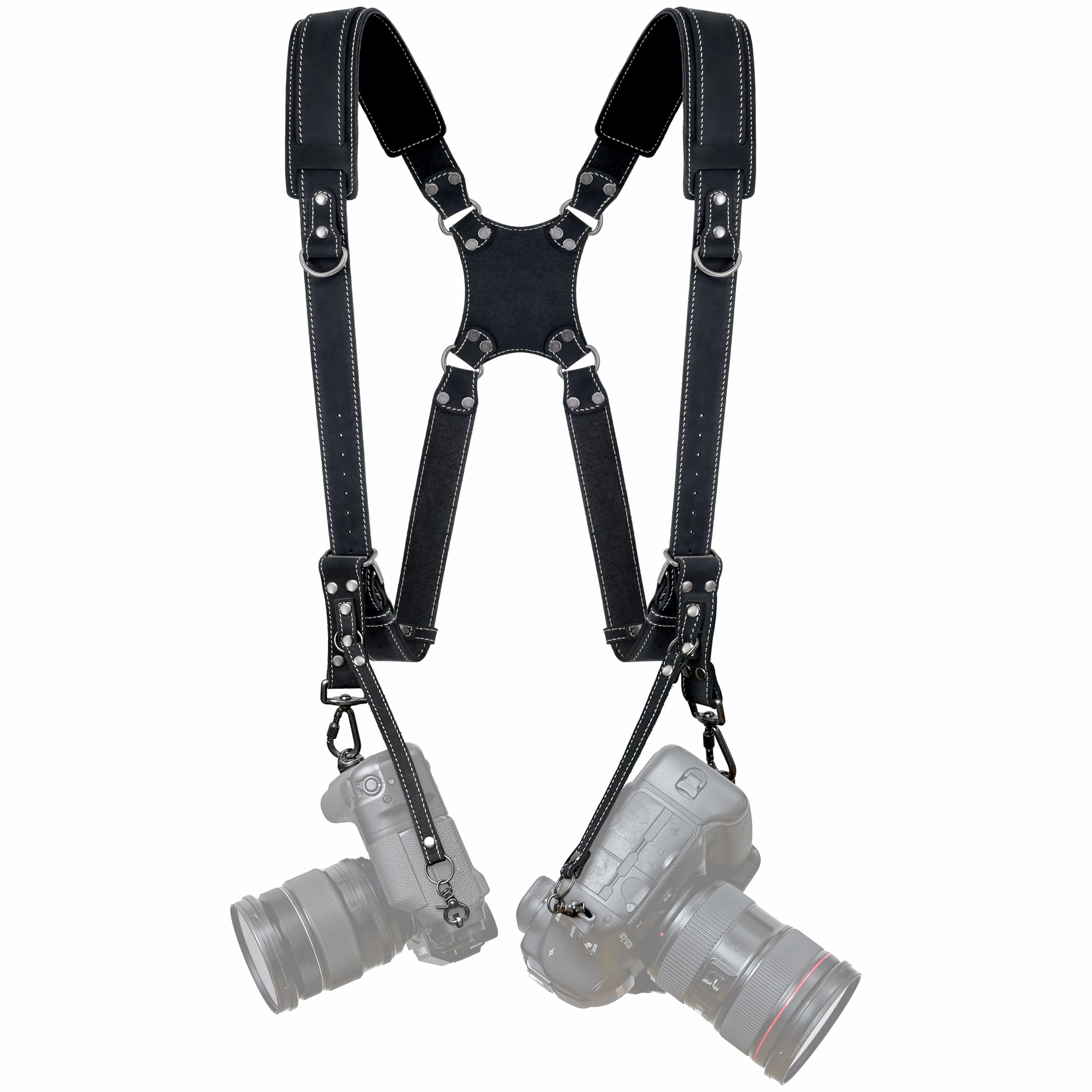 Padwa Lifestyle Black Frosted Dual Camera Harness Strap with Padded for Two Cameras -Full Grain Leather Dual Camera Harness,Multi Camera Gear for DSLR