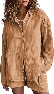 100% Baumwolle Zweiteiler Damen Musselin Schlafanzug Elegant Hausanzug Loungewear Freizeitanzug Langarm Oversized Bluse und Shorts Mit Taschen