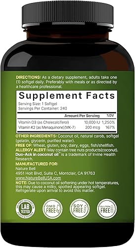 Miniatura 8 de NatureBell Vitamina D3 10,000 UI + K2 200 mcg, 240 cápsulas blandas  Fórmula diaria de alta potencia con aceite de coco  Apoyo óseo, corazón e