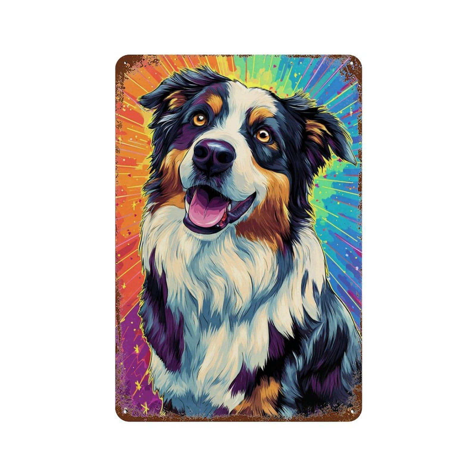 Garage Style Colorful Australian Shepherd Art Print Vintage Metal Tin Sign 11.8"x7.9", Industrial Home Decor for Bar And Workshop