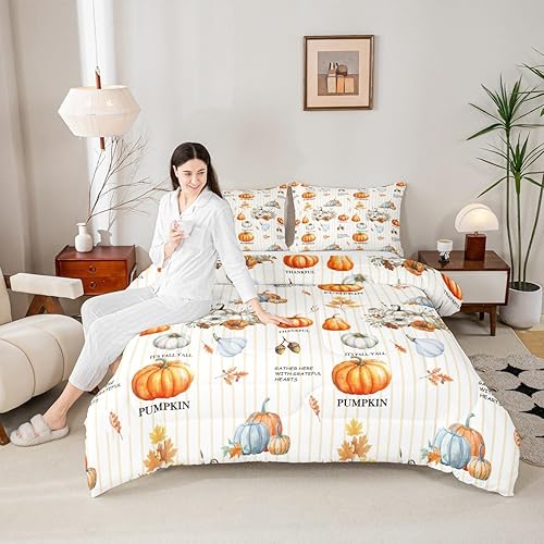 Miniatura 3 de Juego de ropa de cama de calabaza con temática de otoño, tamaño Queen, juego de edredón de hojas de arce, juego de edredón vintage con rayas