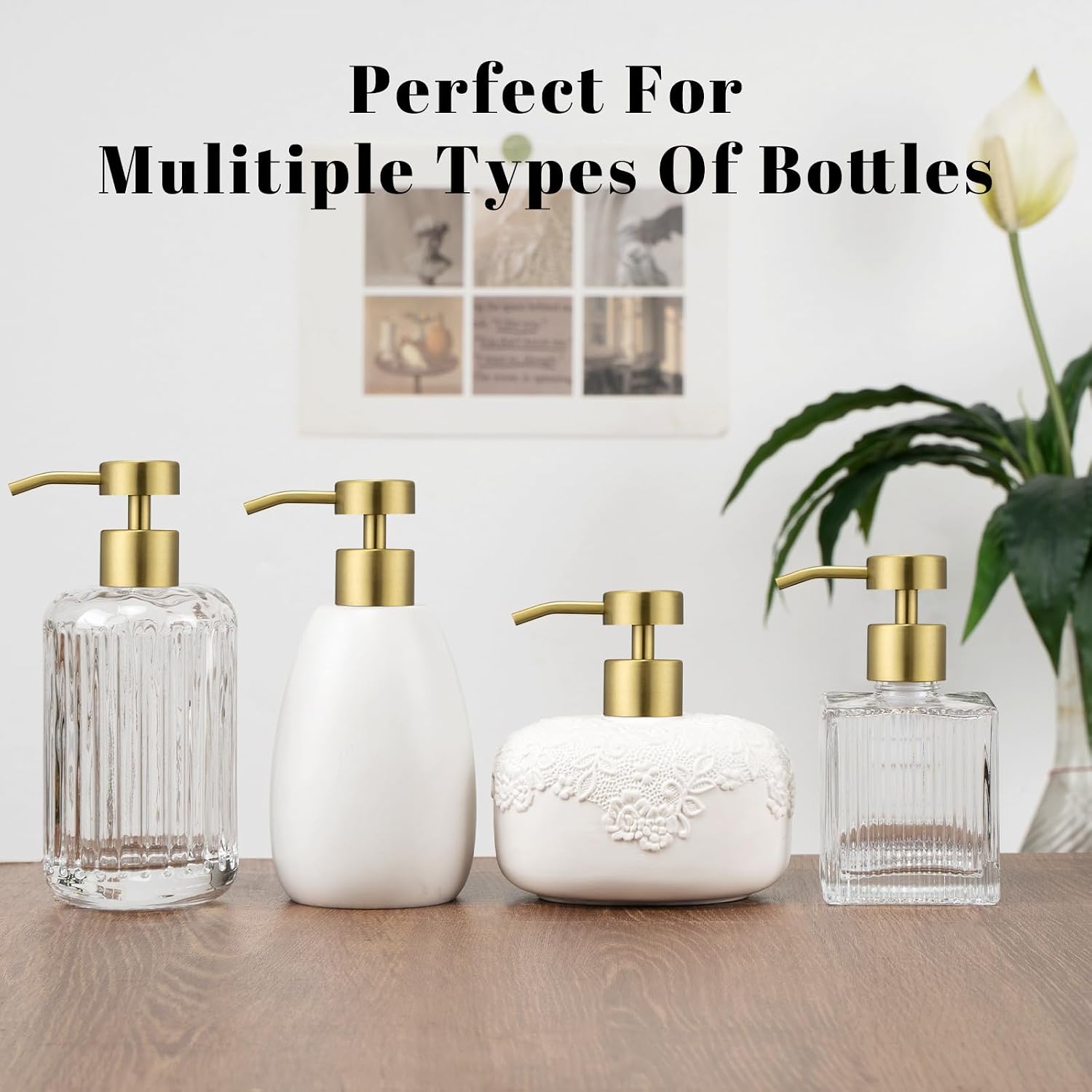 Soap Dispenser Pump Replacement 304 Stainless Steel for Regular Mouth Bottle for Standard 28/400 Thread Size Kitchen Bathroom Lotion Refill Flat Top Dispenser Pumps 2 Pack(Brushed Gold)