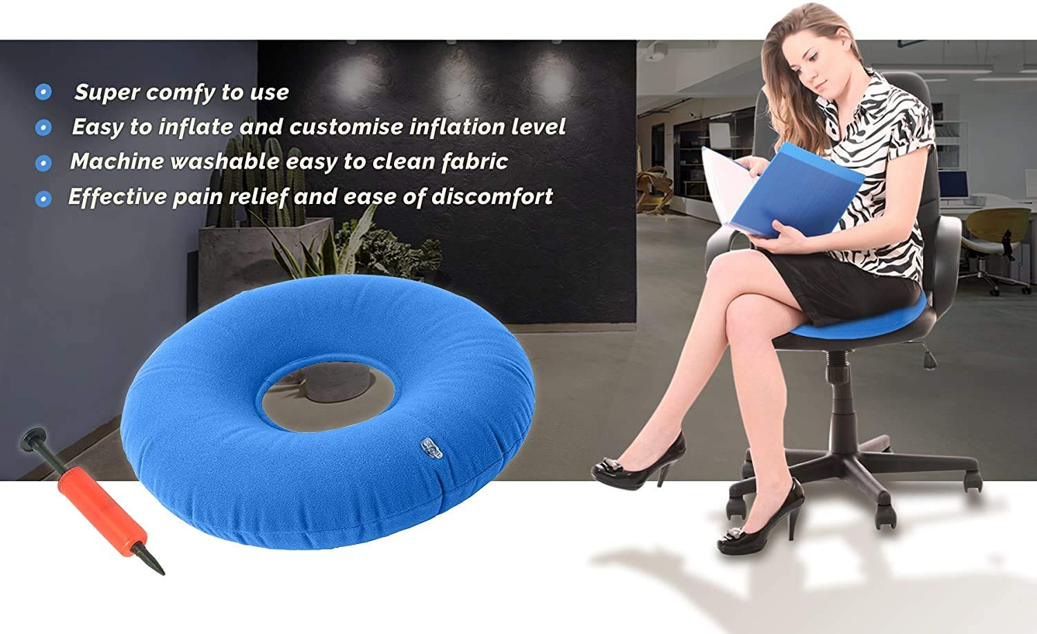 Cuscino A Ciambella Gonfiabile Per Emorroidi E Sciatica - Blu Con Pompetta | Per Auto, Ufficio E Viaggi - Foto 5