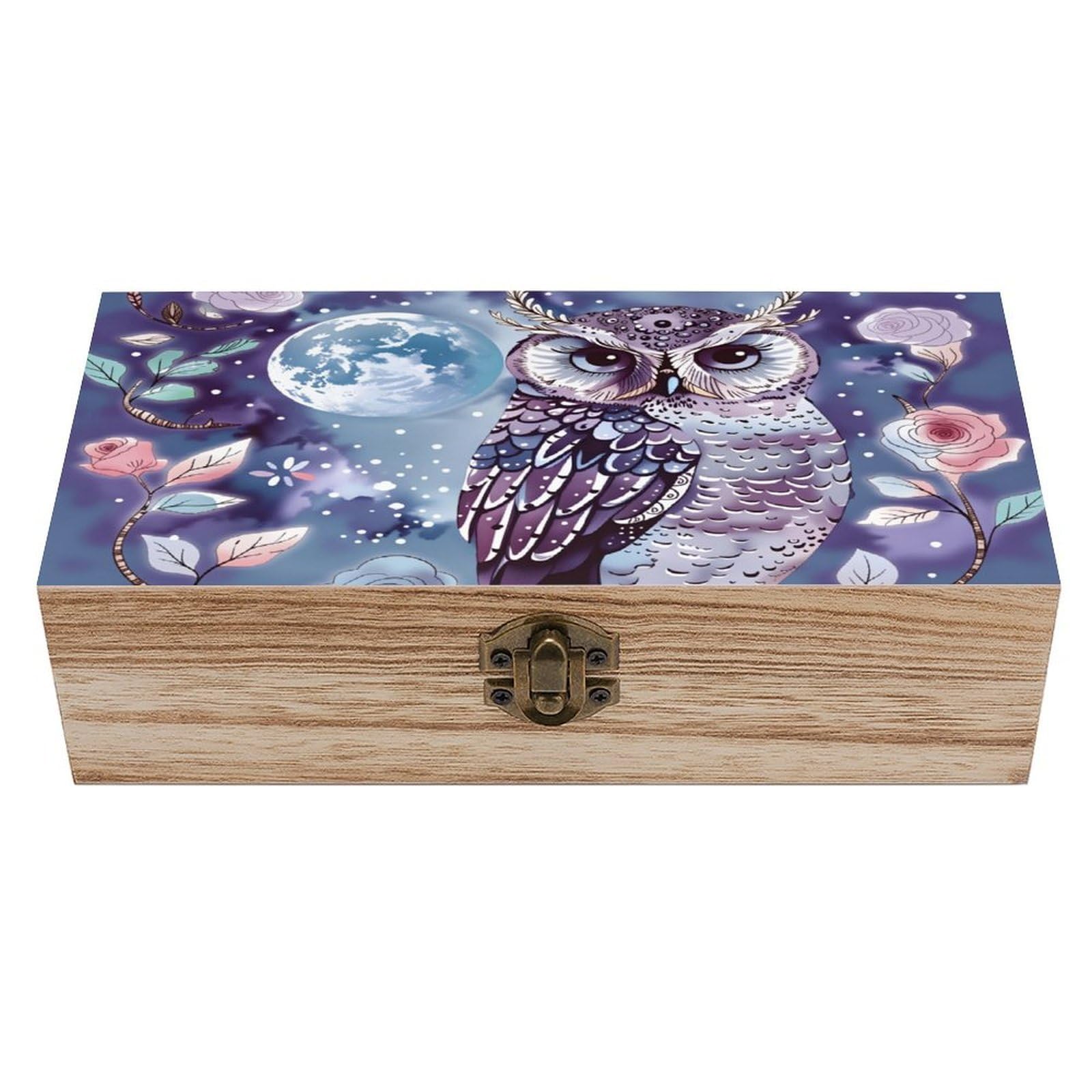 asbwuo Owl With Moon Vintage Wooden Keepsake Box