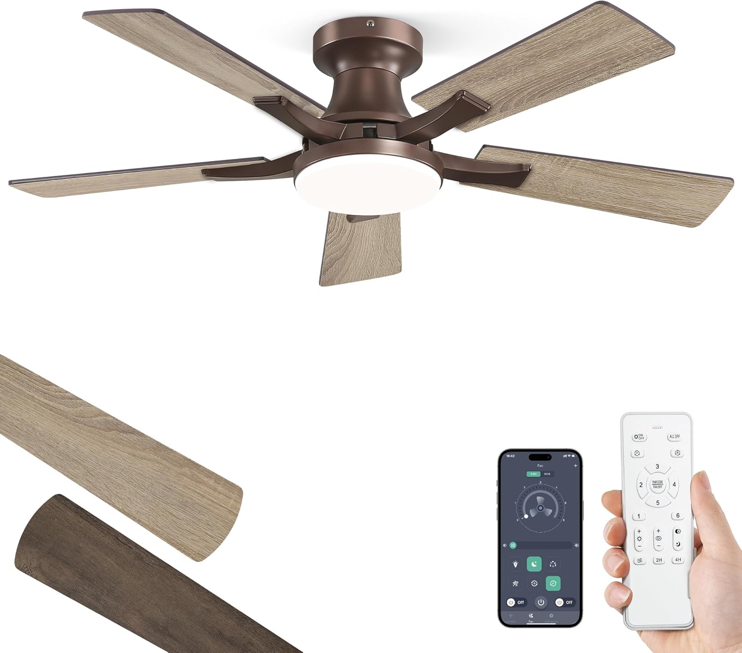ZMISHIBO 42 Inch Ceiling Fan with Light, App&Remote Control, Flush Mount Low Profile, Dimmable 20W LED Light, Quiet Reversible Motor for Bedroom, Living Room, Apartment, Brown 42 Inch Brown