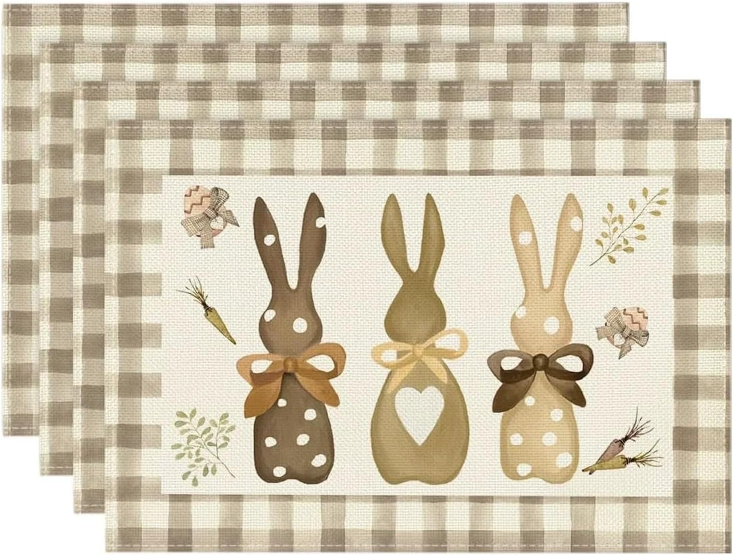 Colorful Buffalo Plaid Bunny Rabbits Happy Easter Placemats Set of 4, 12x18 Inch Spring Holiday Table Mats for Dining Decor(10)