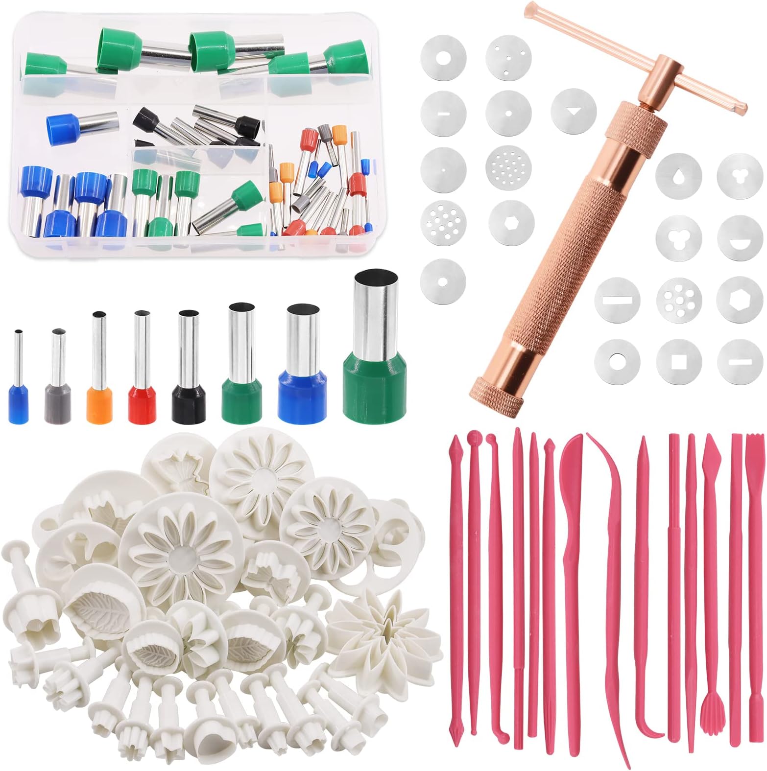 Sweet 122Pcs Rose Gold Clay Extruder Gun and Fondant Cake Mold with Cookie Plunger Cutter Tool, Perfect for Clay Cake DIY Craft Decorating Supplies Modeling Tool