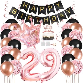 Juland 29th Birthday Party Decorations Black Gold Rose Happy Birthday Banner Latex Balloon Confetti Balloon Pink Crown 29 Number Foil Balloon Hanging Swirl with Cake Topper for Boy Girl Men Women