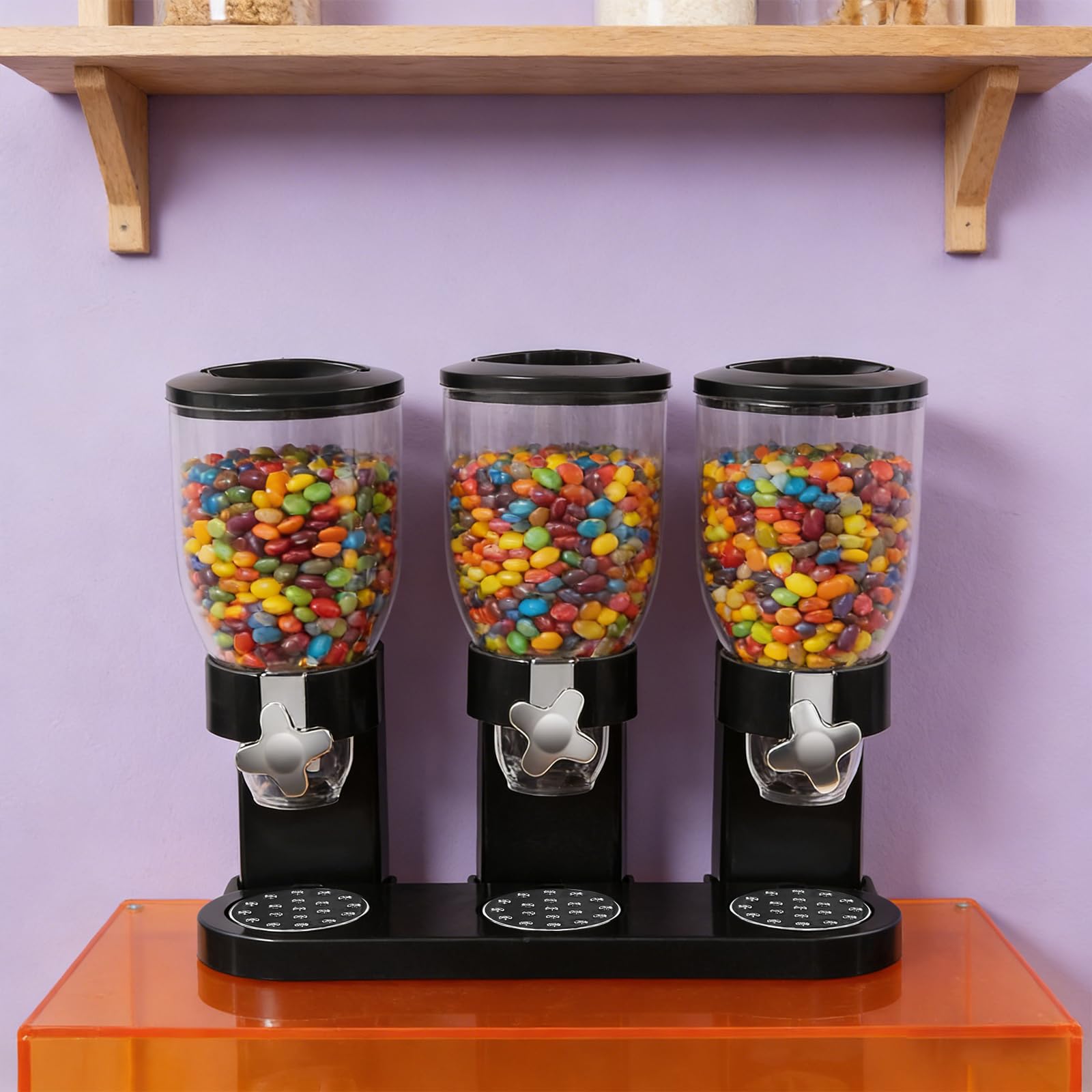 Juego de 3 dispensadores de cereales de 2 litros con ventana (negro) | Distribuidor triple de cereales, para cereales, arroz, dulces, granos de café, 44 x 16 x 35 cm