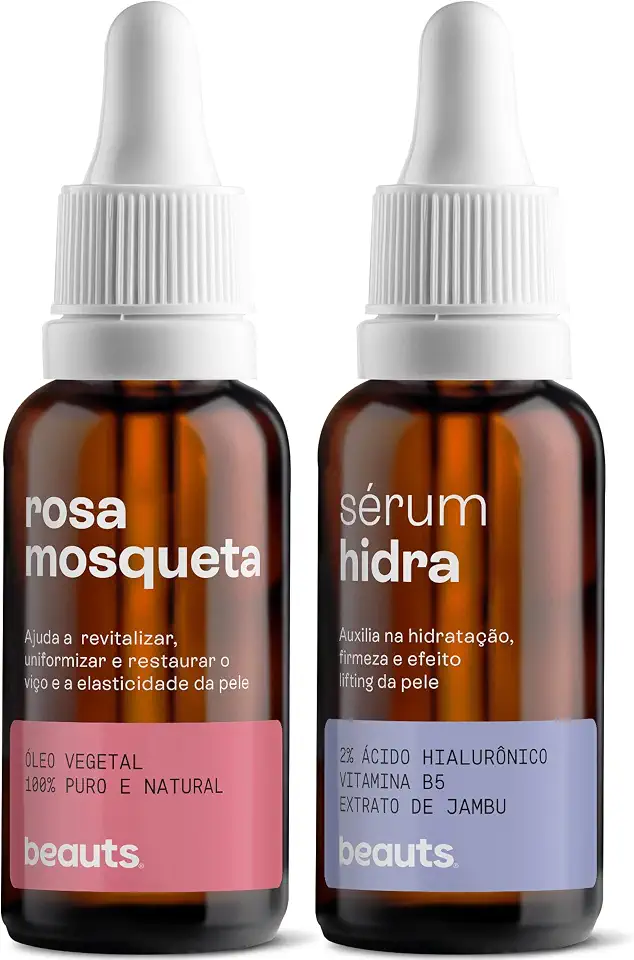 Kit Estímulo do Colágeno – Óleo de Rosa Mosqueta Pura + Sérum Facial de Ácido Hialurônico e Vitamina B5 – Hidratação, Clareador, Anti-Idade – Cuidados para Rosto e Corpo, 100% Puro e Natural – Beauts (2x30ml)