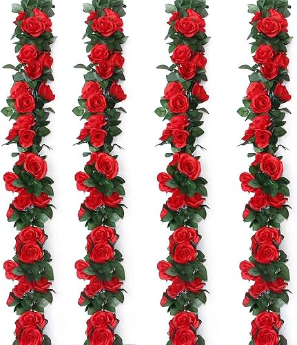 Miniatura 1 de Silinlu 4 plantas de vid de rosas falsas de 32.2 pies, flores artificiales para colgar, hiedra de rosas rojas, hogar, hotel, oficina, boda, fiesta,