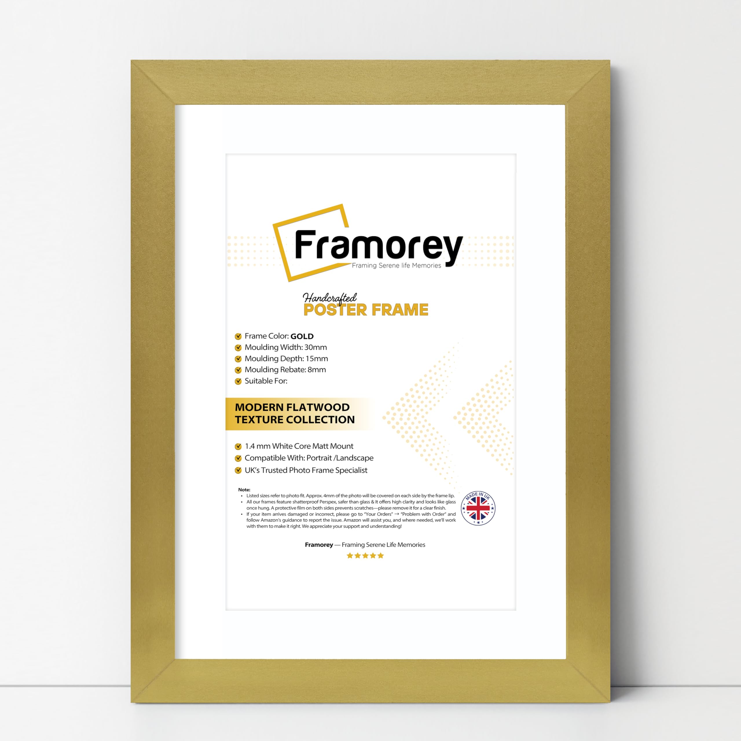 Framorey Framing Serene Life Memories Gold With White Mount Framorey Oxford Flat Wooden Effect Picture Frame, Gold 28X20 Size Photo Frame With 24X16 White Mount, Handmade Wall Art Poster Frames