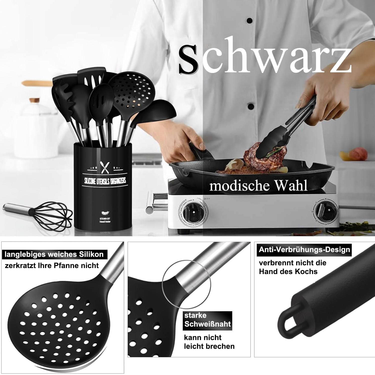 Juego de utensilios de cocina, 26 piezas, de silicona, resistente al calor, con soporte para utensilios, antiadherente, con mango de acero inoxidable, apto para lavavajillas