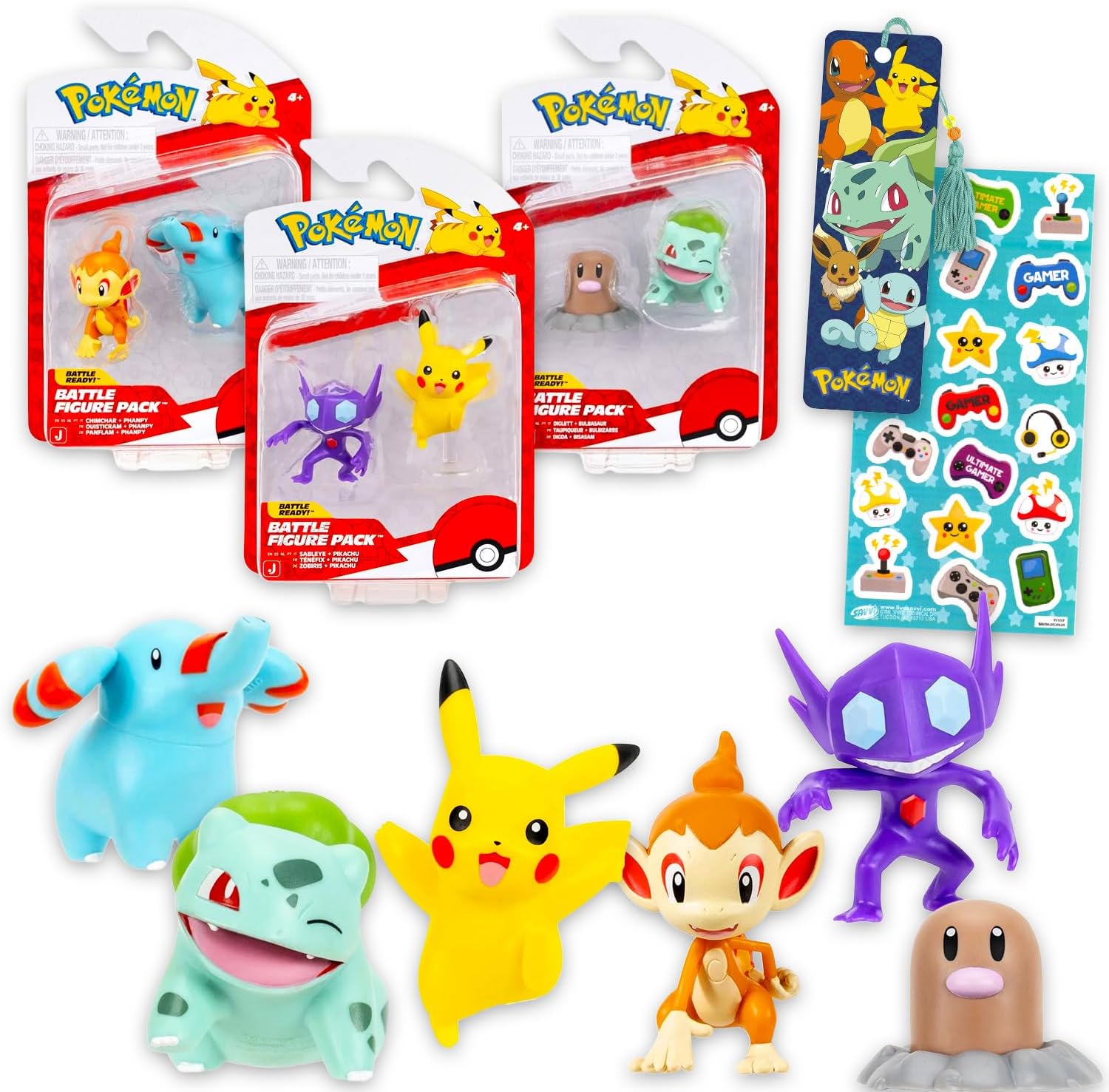 Pokemon Battle Figure 6 Pack – Bundle with 6 Mini Figurines Featuring Diglett, Bulbasaur, Chimchar, Phanpy, Sableye, Pikachu Plus Stickers, More | Pokemon Action Figure Set for Kids, Boys