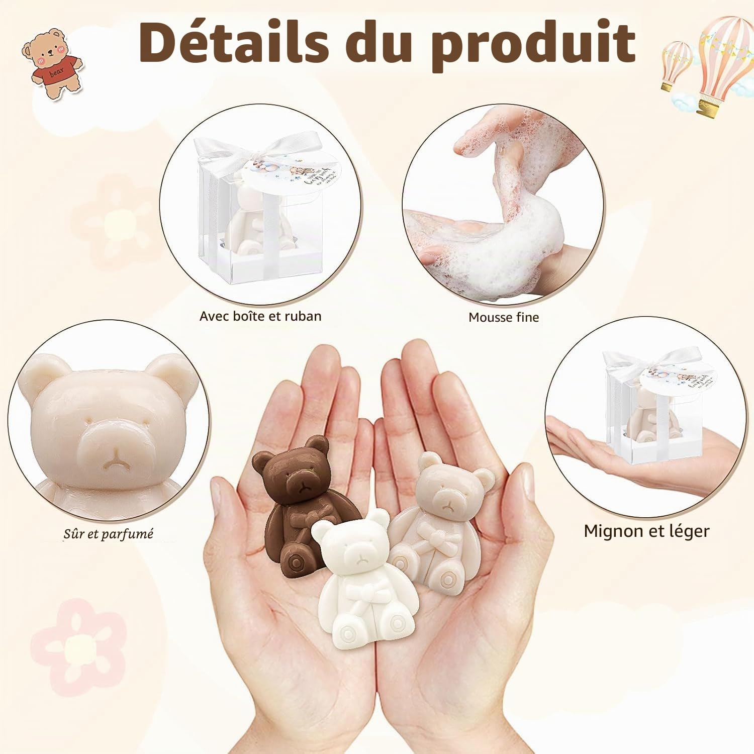 Lot de 36 cadeaux de baby shower, en forme d'ours, avec cartes de remerciement et boîtes, pour décoration de fête prénatale, cadeau d'invité, accessoires de mariage (blanc et marron)